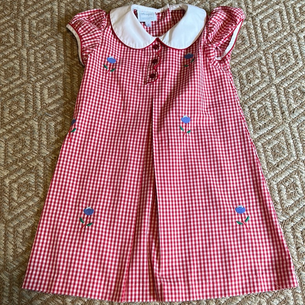 Girl’s Little English Dress, Red Gingham with Blue Flowers, Size 4, BNWOT